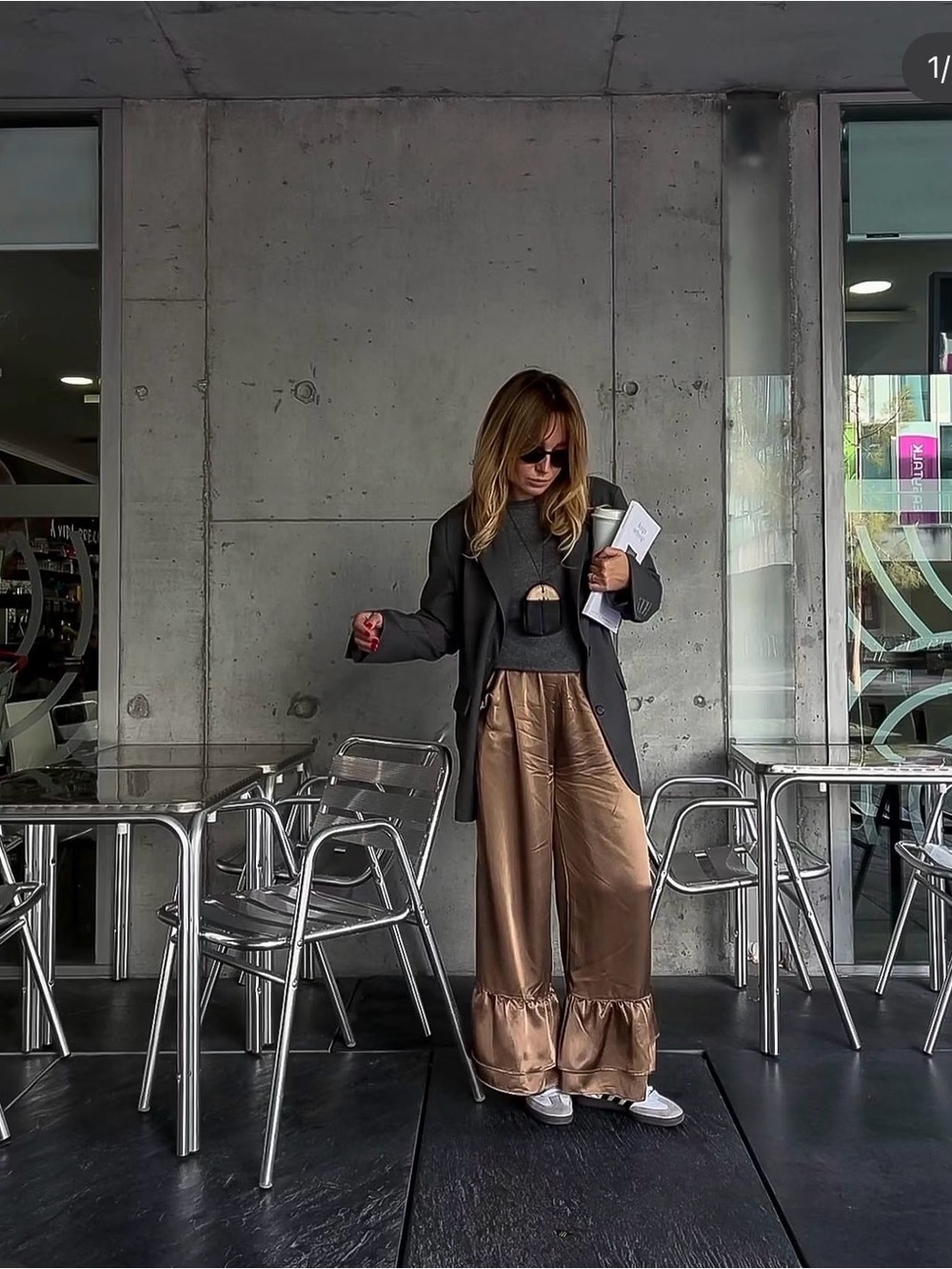 Satin Wide-Leg Ruffle-Hem Pants in Bronze